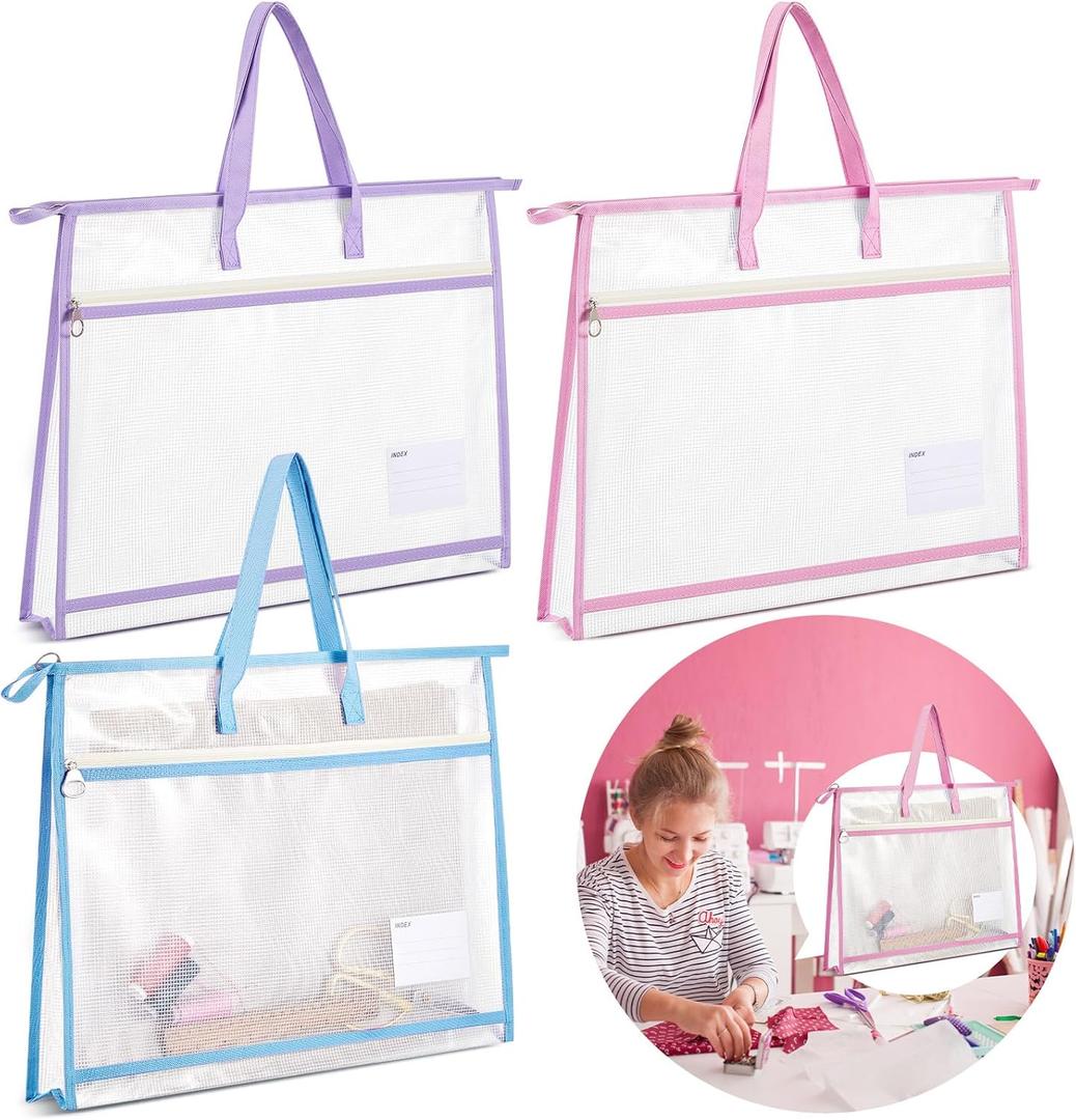 3 Pcs 17.713 Inch Project Bag for Quilting Sewing Craft Storage for Quilter A3 Clear Mesh Design Art Supply Bag Artwork Storage Organize for Artwork Charts and Teaching Material Multipurpose