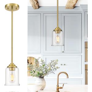 zeyu Gold Pendant Light, Mid Century Chandelier, 1-Light Hanging Fixture for Dinning Room Bedroom, Clear Glass Shade, Brushed Gold Finish, ZSL104MIL BG