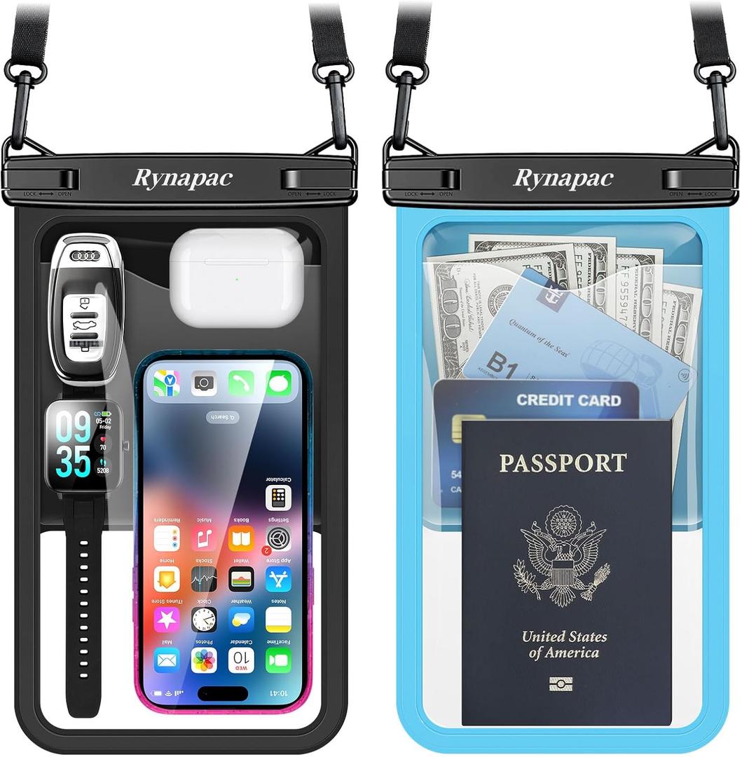 Rynapac [Up to 10" Large Waterproof Phone Pouch - 2 Pack IPX8 Waterproof Phone Case for iPhone 17 16 15 Pro Max Galaxy S26 Ultra, Touchscreen & Underwater Photography, Beach Cruise Travel Essentials