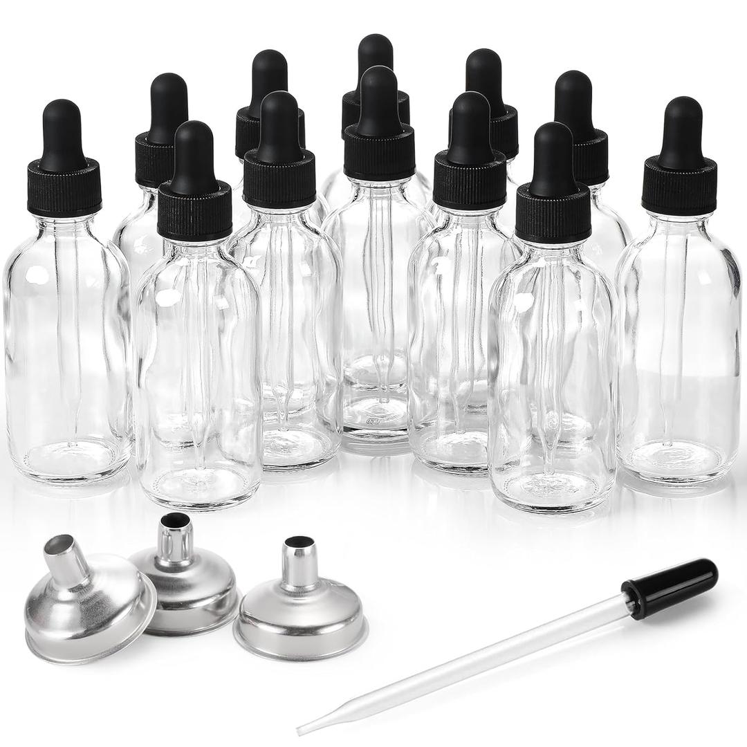 12 Pack, 2 oz Glass Eye Dropper Bottles w/ 3 Stainless Steel Funnels & 1 Long Pipette Dropper & 24 Labels - 60ml Clear Tincture Bottles for Essential Oils, Liquids - Leakproof Travel Essential Bottles