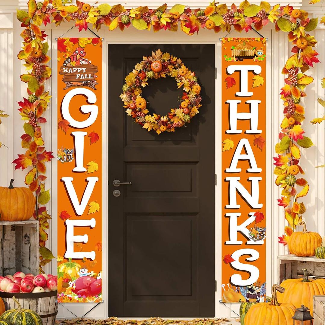 GIVE THANKS Hanging Banner Porch Sign Autumn Pumpkin Maple Leaf Backdrop Flag Fall Harvest Welcome Banner For Indoor Outdoor Wall Door Decoration Thanksgiving Party Decorations 72"x12"