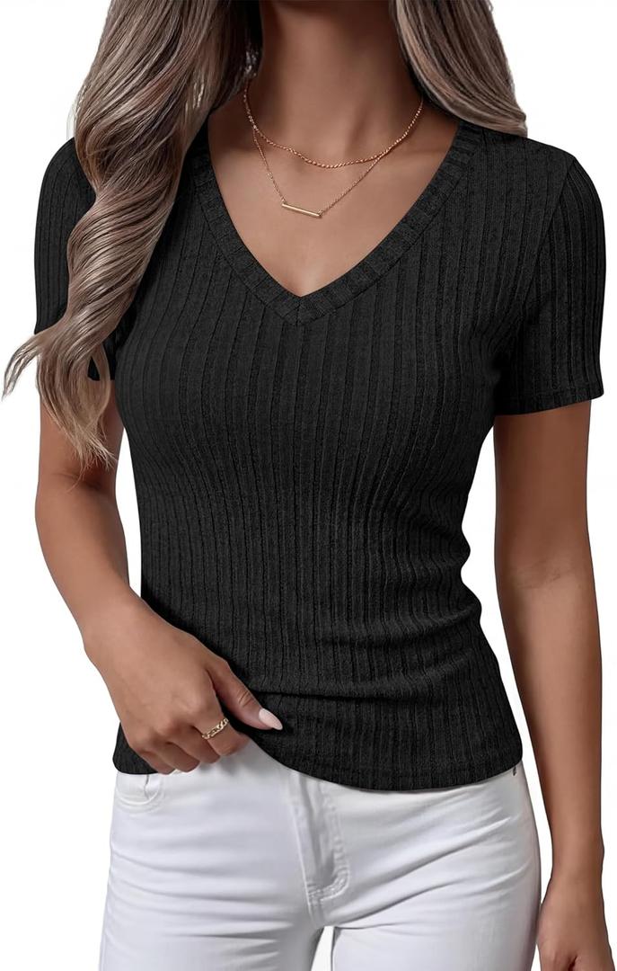 ANRABESS Womens Tops Short Sleeve V Neck Shirts Slim Fit Ribbed Knit Shirt 2026 Summer Dressy Casual Lightweight Sweaters (Large, Black)