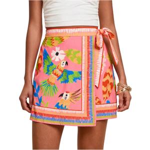MakeMeChic Women's Summer Boho Wrap Mini Skirt Beach Vacation Short Skirts Pink Bird Print X-Small