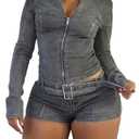NATRUNSOO Two Piece Denim Outfits for Women 2025 Trendy Spring Summer Zipper Cropped Jean Jacket Bodycon Shorts Set Grey L
