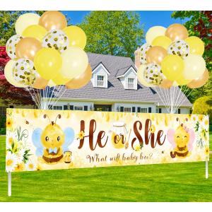 Bee Themed Gender Reveal Decorations What Will Baby Bee Sign Banner Gender Reveal Party Decorations He or She Hanging Banner with Balloons Honeycomb Boy Or Girl Backdrop Supplies Baby Shower Decor