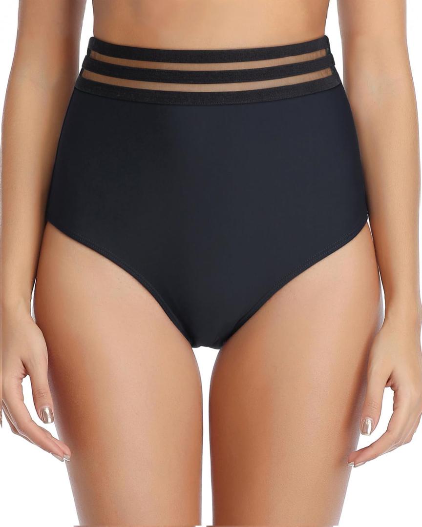 Tempt Me Women High Waisted Bikini Bottom Full Coverage Swimsuit Bottom Black Mesh M