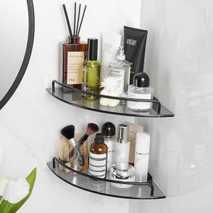 Voldra Glass Corner Shower Caddy, 2 Pack Adhesive Corner Shower Shelves for Inside Shower No Drilling, Tempered Glass Bathroom Corner Shelf with Guardrail Bathroom Shower Organizer Storage Rack (Black)