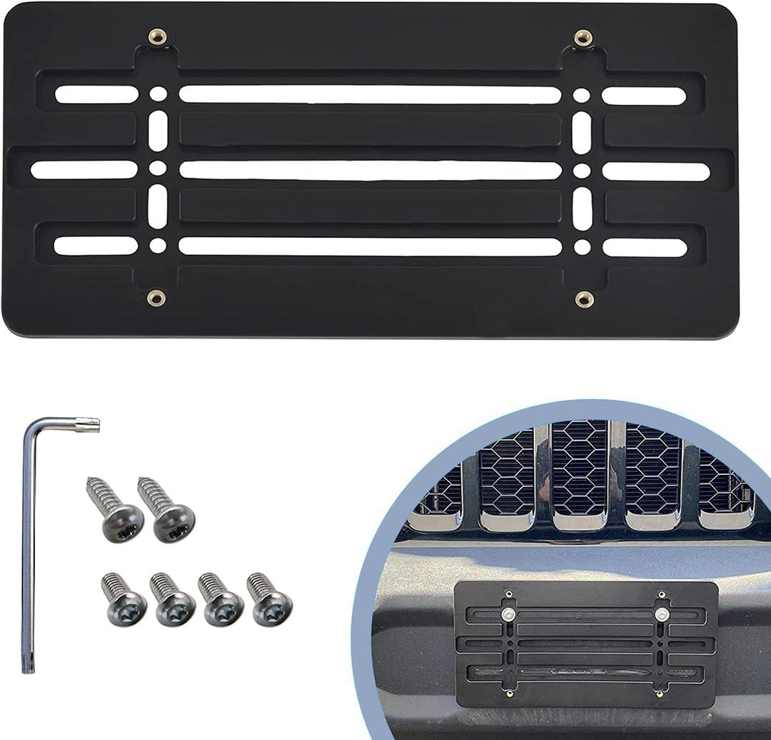 Front Bumper License Plate Bracket for Jeep 2000-2025, Plate Holder Set w 6 Unique Screw Bolts & Wrench Kit, License Tag Mounting Kit, Quality Plate Holders, Premium Car Accessories