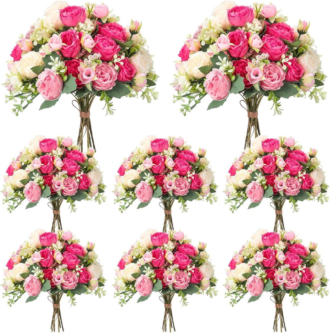 Geosar 8 Bundles Artificial Peonies Flowers Fake Silk Peony Bouquet Faux Peonies Flowers Bulk for Decoration Vase Floral Arrangements Wedding Party Table (Bright Color)