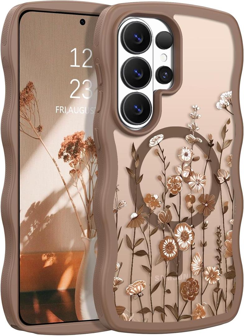 GUAGUA for Samsung Galaxy S26 Ultra Case, Magnetic Cases Cute Flower Pattern Wavy Edge Full Camera Protection Anti-Slip Bumper Women Girls Boys Slim Protective Phone Case for Galaxy S26 Ultra, Brown