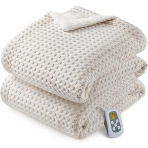 CAROMIO Heated Blanket Full Size, Waffle Weave Electric Blanket Throw with LCD Controller, Fast Heating, 10 Heat Levels & 1-12H Time Settings, ETL Certified, Machine Washable, Beige, 72" x 84"