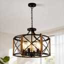 Farmhouse Hanging Pendant Light, 6-Light Kitchen Chandelier with Metal and Wood Frame, Rustic Cylindrical Ceiling Lamp for Dining Room, 59 Inch Adjustable Chain for Flat and Sloped Ceiling, E26