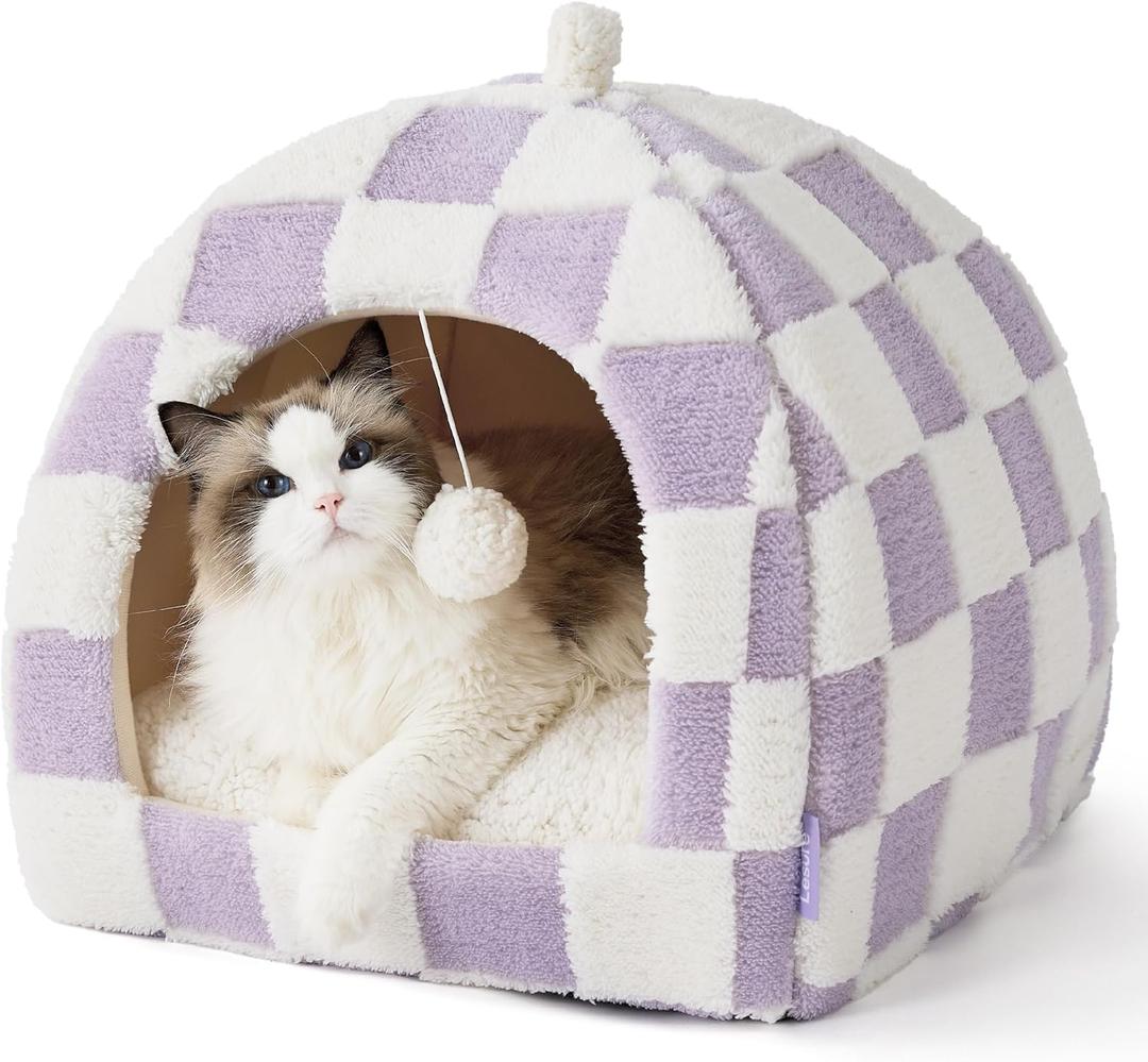 Lesure Cute Cat Beds for Indoor Cats - 2 in 1 Large Cat Cave Bed with Removable Washable Cushioned Pillow, Cozy Kitten with Non-Slip Bottom, Purple, 17.3 inches