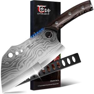 Meat Cleaver Chef Knife with Sheath, 7.7 Inch Butcher Knife with Herb Stripper, Chopping Knife Heavy Duty Bone Cutting, Damascus Pattern Full Tang Wood Handle, Birthday Gift for Men