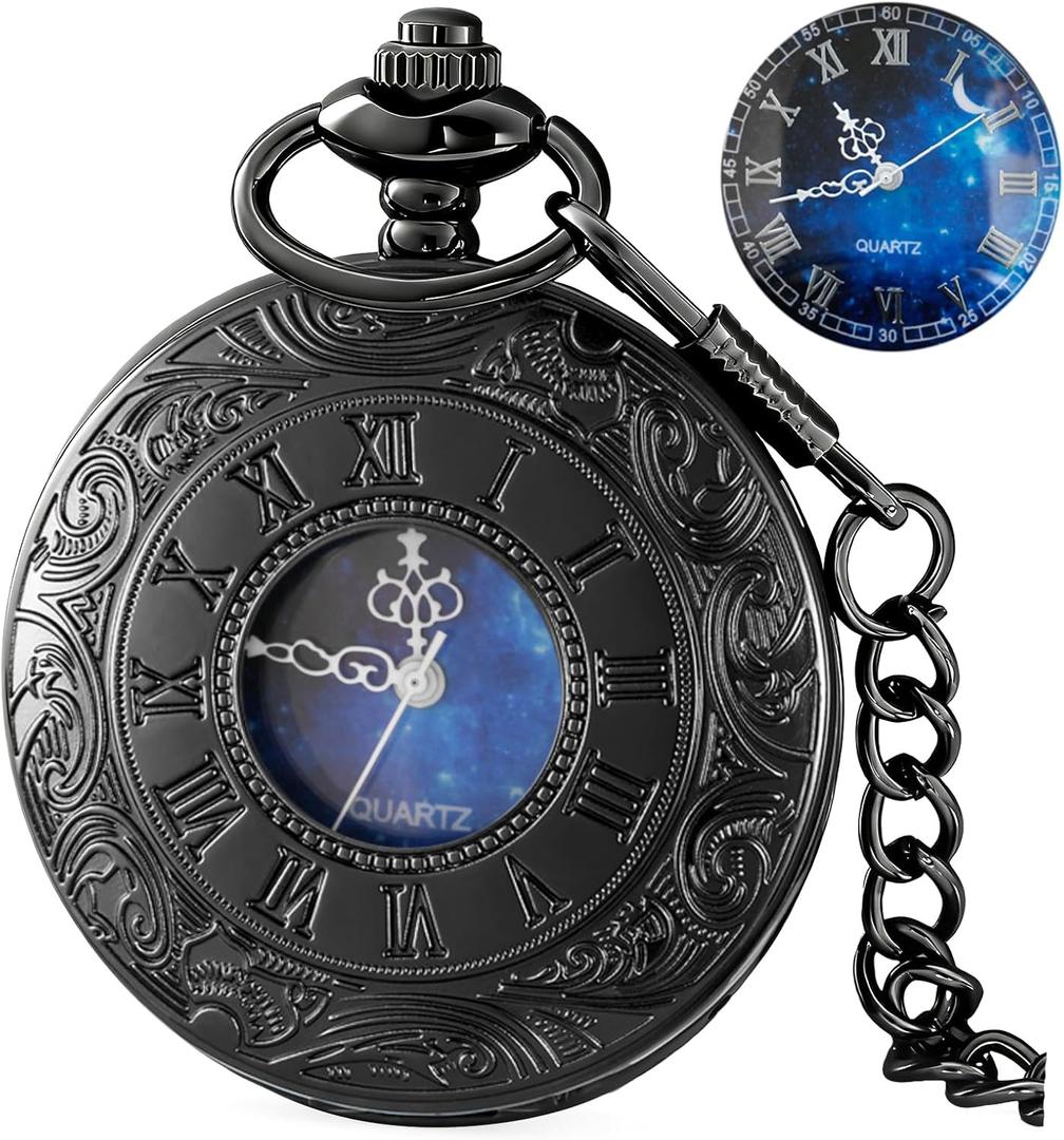 Tiong Pocket Watch Hollow Blue Star Design Roman Numerals Quartz with Chain Christmas Birthday Gifts Tiong Pocket Watch Hollow Blue Star Design Roman Numerals Quartz with Chain Christmas Birthday Gifts