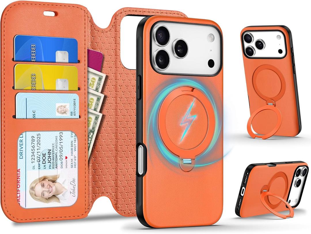 TUCCH Removable Case Wallet for iPhone 17 Pro Max, 3 Card Slots RFID Blocking, Adjustable 360 Rotation Ring Kickstand, Slim Wireless Charging 2-in-1 Magnetic PU Leather Shockproof Cover 6.9", Orange