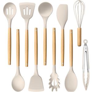 HaWare Silicone Cooking Utensils Set, 10-Piece Chef Kitchen Non-Stick Cookware with Wooden Handle, 450F Heat Resistant - Khaki