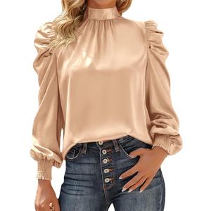 BTFBM Mock Neck Long Sleeve Blouses for Women Dressy Casual Business Work Shirts 2026 Summer Fall Clothes Satin Tops (Large, Apricot)