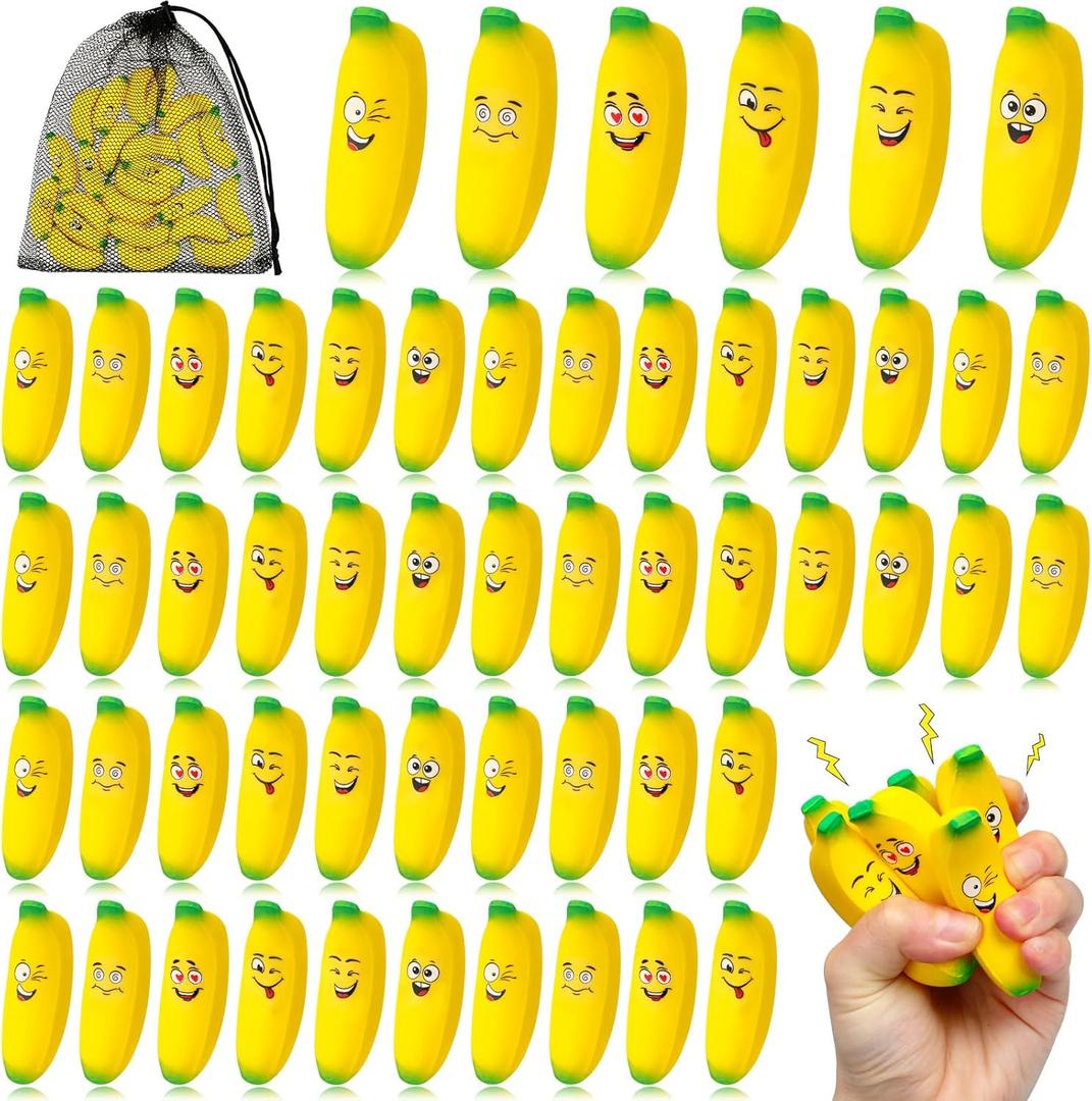 Woanger 36 Pcs Banana Stress Toys Banana Stretchy Toys Ball with Emotions Mini PU Squeeze Balls Bulk Fidget Toy with Storage Bag for Anxiety Relief Kids Adults Party Favors