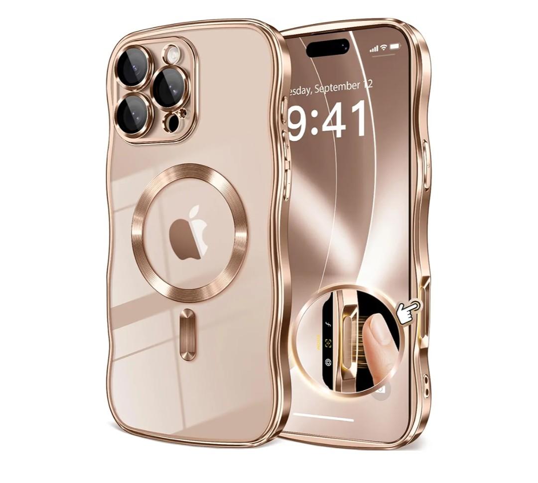 GVIEWIN for iPhone 16 Pro Max Case Compatible with MagSafe, Upgraded Full Camera Protection, Cute Wave Frame, Military Grade Protection Electroplated Soft Phone Cover for Women Girl, Clear/Rose Gold
