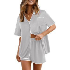 Ekouaer Pajamas Set for Women Short Sleeve Casual Sleepwear Button Down Pj Sets Shorts Soft Loungewear for Summer,(Medium, Light Grey)
