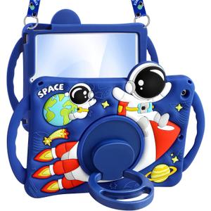Boaretiu for iPad 9th/8th/7th Generation Case 10.2 Inch 2021/2020/2019 - Cute Boys Cartoon Soft 3D Astronaut Spaceship Silicone with Strap & Rotating Stand for Girls Teens Tablet Cover for iPad 9/8/7
