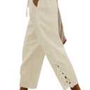 Angerella Womens Cotton Linen Pants Casual Lightweight Drawstring Elastic Waist Trousers Summer Lounge Pants with Pockets (Beige, XL)