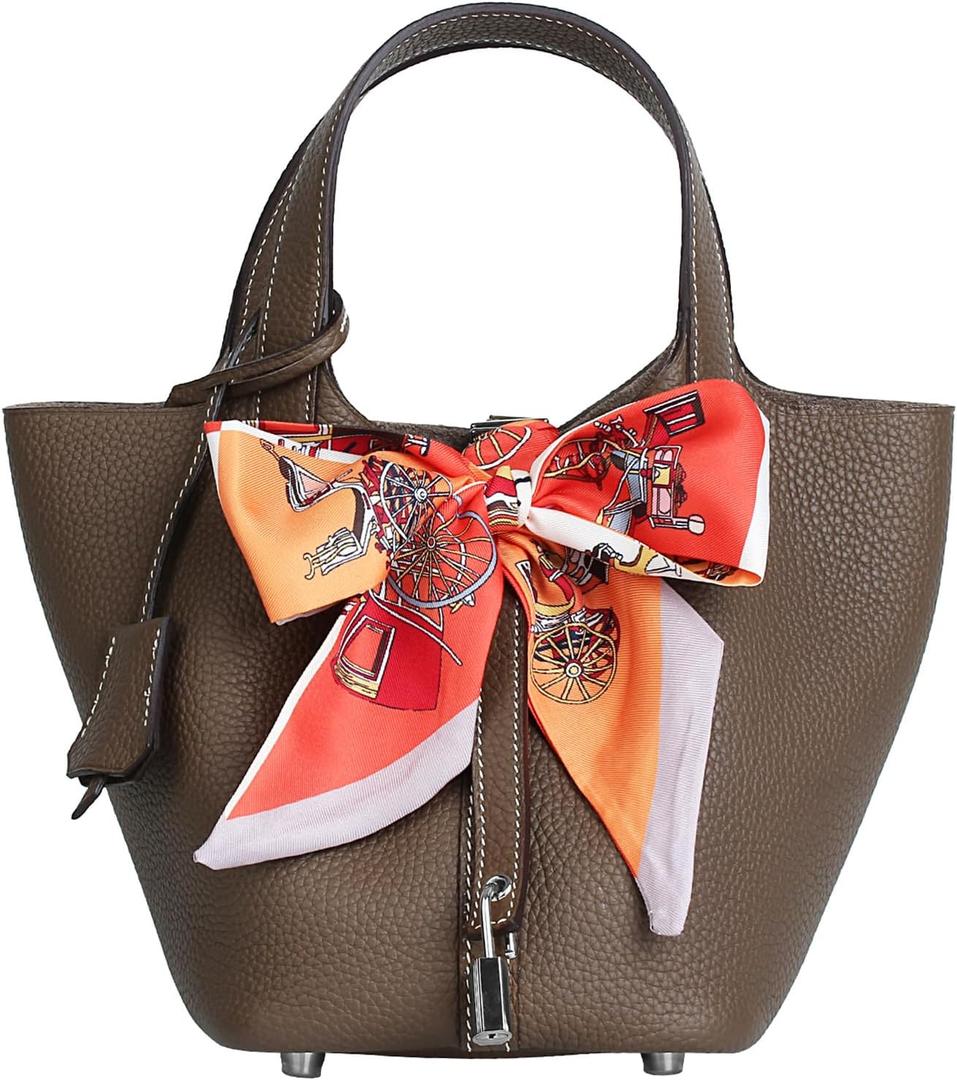 Genuine Leather Bucket Bag for Women Handbag tote bag with metal clasp, bohemian-style market tote bag(Elephant gray-silver)