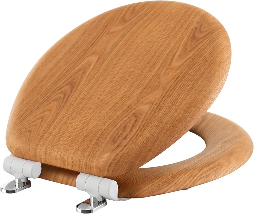 Wood Toilet Seat in Oak, Round, Soft Close, Magnetic Quick-Release for Easy Cleaning, Arch-Tite Never Loosens, Adjustable Fit