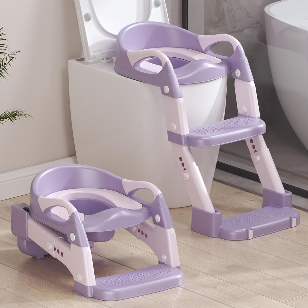 2-in-1 Toddler Potty Training Toilet Seat with Step Stool Ladder  Adjustable Height Potty Chair Urinal for Baby Boys Girls Age 1-3, Foldable Training Potty with Splash Guard & Anti-Slip Feet, Purple