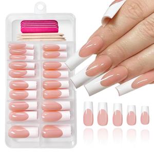 120 pcs French Tips Press on Nails Long Square Fake Nails White Tips False Nails Full Cover Acrylic Glue on Nails Coffin Nail Press ons with Adhesive Tabs for Women Manicure 12 Size