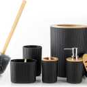 Fun Memories Bathroom Accessories Set 6 Pieces Black Bath Ensemble Includes Toothbrush Holder, Soap Dispenser, Toothbrush Cup, Soap Dish for Decorative Countertop and Housewarming Gift, Black