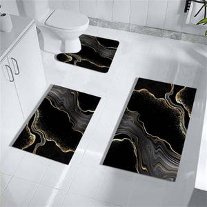 MUGINYU Black Gold Bathroom Rugs Sets 3 Piece Abstract Bath Mat Thin Rubber Diatomaceous Earth Quick Dry Rugs Water Absorbent Floor mat with U-Shaped Contour Toilet Mat Bath for Bathroom Decor
