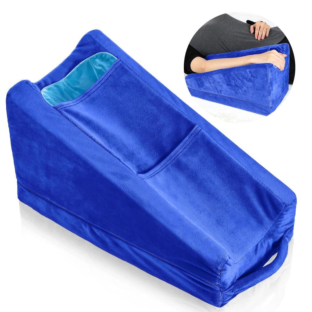 Buryeah Arm Elevation Pillow with 2 Pockets, Soft Ergonomic Support Pillow for Elbow Rest Wedge Broken Arm Gifts with High Density Foam for Recovery Sleeping(Blue)