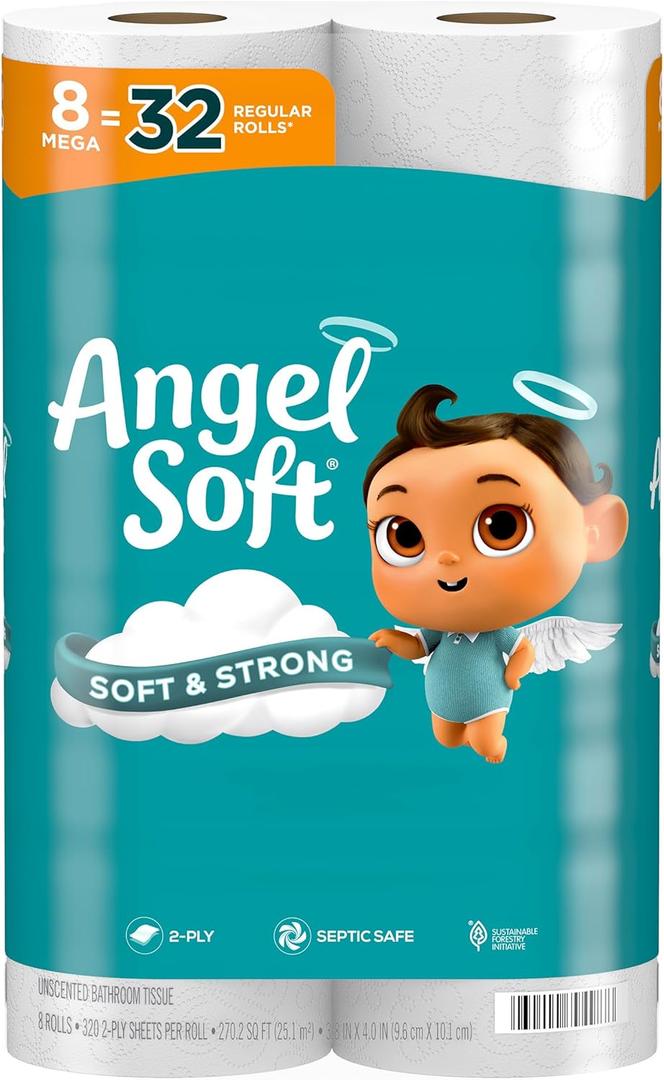 Angel Soft Toilet Paper, 8 Mega Rolls = 32 Regular Rolls, Soft and Strong Toilet Tissue (40 sheet (Pack of 8))