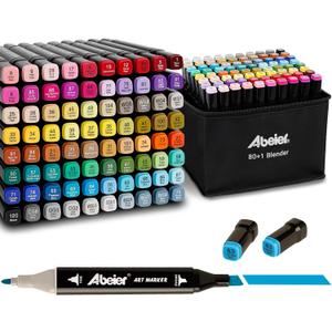 ABEIER 80 Color Alcohol Based Dual Tip Markers Set, Plus 1 Colorless Blender Pen, Permanent Sketch Markers for Kids, Adults Coloring and Artist Illustration