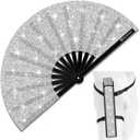 Glitter Large Rave Folding Clack Hand Fan with Holster, Boots on the Ground Popping Handheld Fan Foldable for Men Women for EDM Festival Club Party Dance, (Silver, Large 13") (33cm Closed | 63cm Open (13" Closed | 24.5" Open))
