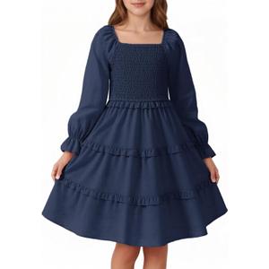 JiAmy Girls Dress Fall Puff Long Sleeve Square Neck Smocked Shirred Tiered Ruffle Flared Party Dresses (9-10 Years, Navy Blue)
