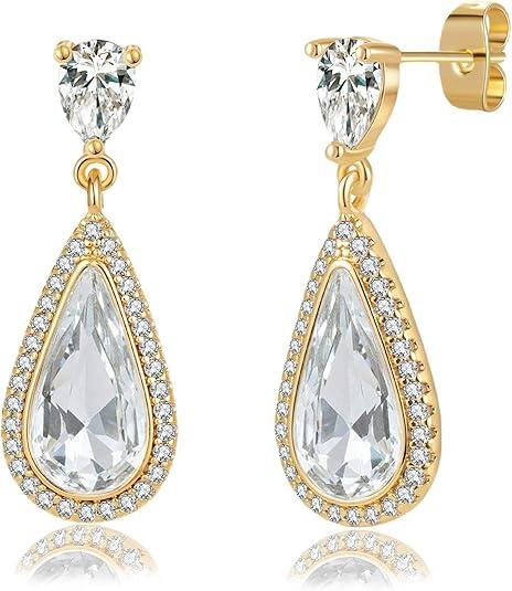 EVEVIC Austrian Crystal Halo Teardrop Dangle Drop Earrings for Women 14K Gold Plated Jewelry Gifts