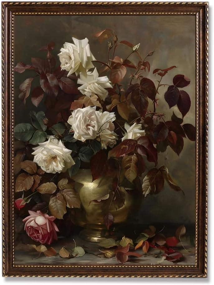 ARTZIO Retro Framed Moody Floral Wall Art Canvas PrintVintage Rose Oil Painting,Rustic Dark Academia Decor for Living Room,Office,Bedroom,Kitchen  Farmhouse Style Home Decor(8"x10") ARTZIO Retro Framed Moody Floral Wall Art Canvas PrintVintage Rose Oil Painting,Rustic Dark Academia Decor for Living Room,Office,Bedroom,Kitchen  Farmhouse Style Home Decor(8"x10")