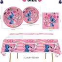 41PCS Pink Stitch Party Set 20 Plates, 20 Napkins & 1 Tablecover. Perfect for Stitch-themed birthdays! Features cute pink Stitch prints, durable plates, and easy cleanup. Ideal for kids parties!