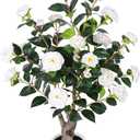 39 inch White Fake Camellia Tree with White Planter - 3.2 Ft Tall Artificial Tree,Large Faux Plants Indoor Outdoor,Housewarming Gift