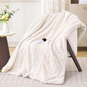 PTQ Waffle Heated Throw Blanket 50"x60"  Electric Blanket with 6 Heat Levels & 4 Timer Settings, Ultra-Soft Faux Fur & Sherpa, ETL Certified, Machine Washable, Ideal Gift for Women (Ivory/Cream)