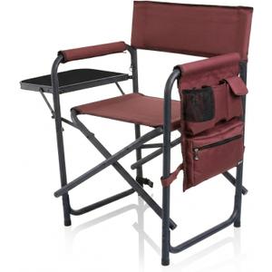 Picnic TIME Sports Chair with Side Table and Armrest Caddy, Lightweight Aluminum Folding Outdoor Camping Chair for Adults, Portable Director Style Lawn Seating with Pockets & Carry Strap, (Burgundy)