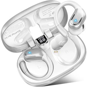Wireless Earbud Bluetooth 5.4 Headphones 75Hrs Playtime, 2025 Bluetooth Earbuds Deep Bass Noise Cancelling Mic, Over Ear Bud with Sport Earhooks, IPX7 Waterproof LED Display, Button Control, Sliver