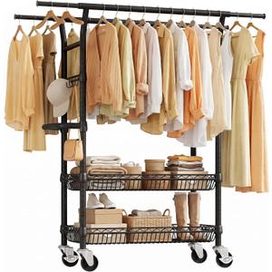 SOLEDI Heavy Duty Double Rod Clothes Rack, 1000 LBS Black, Shelves & Wheels Extendable, Height Adjustable, Lockable Wheels, Hooks, Tool-Free, Garment Rack Bedroom Closet Laundry, All-Steel Construction, 
17.7"D x 57"W x 71.6"H