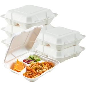 ECOLipak 50 Pack Clamshell Take Out Food Containers, 100% Compostable Disposable To Go Containers, 8X8 inch 3-Compartment Heavy-Duty To Go Boxes
