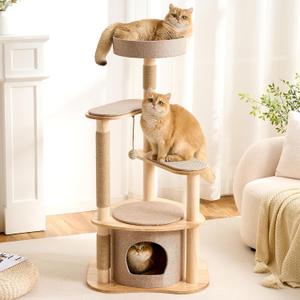 797Audio Modern Wood Cat Tree Tower, 46" Aesthetic Cat Tree with Natural Pine Wood Scratching Posts and Condo for Adult Cats, Solid Rubber Wooden & Linen Cat Tree, Multi-Level Tree for Indoor Cat