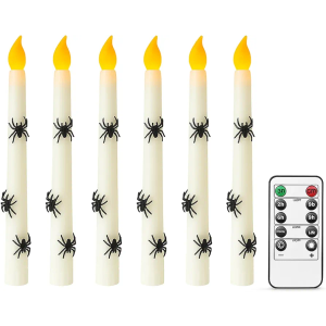 Baquler Halloween 3D Spider LED Taper Candles, 6 Packs Real Wax Flameless Taper Candles Battery Operated with Remote, Spooky Candlesticks for Halloween Decoration, Batteries Not Included (0.7" x 11")