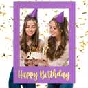 32 x 24 Inch Extra Large Happy Birthday Photo Booth Selfie Frame Props Picture DIY Cutouts Photo Backdrop Cardboard Props for Party Supplies Favors(Vertical, Purple Gold)